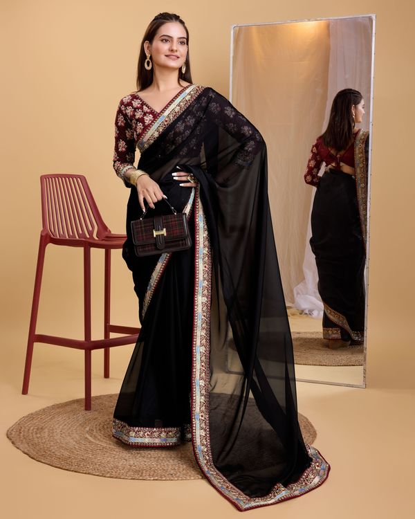 Black Heavy Embroidery Work Lace & Blouse Organza Saree