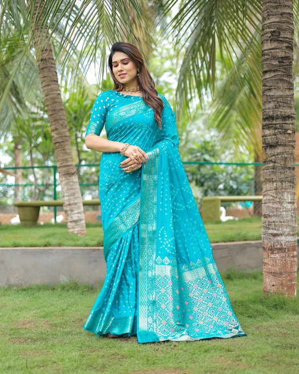 Firozi Wevon Designer & Hand Bandhej Dola Silk Saree