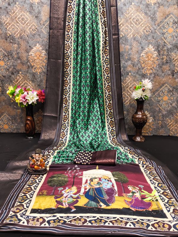Sea Green Wevon Border & Kalamkari Digital Printed Dola Silk Saree