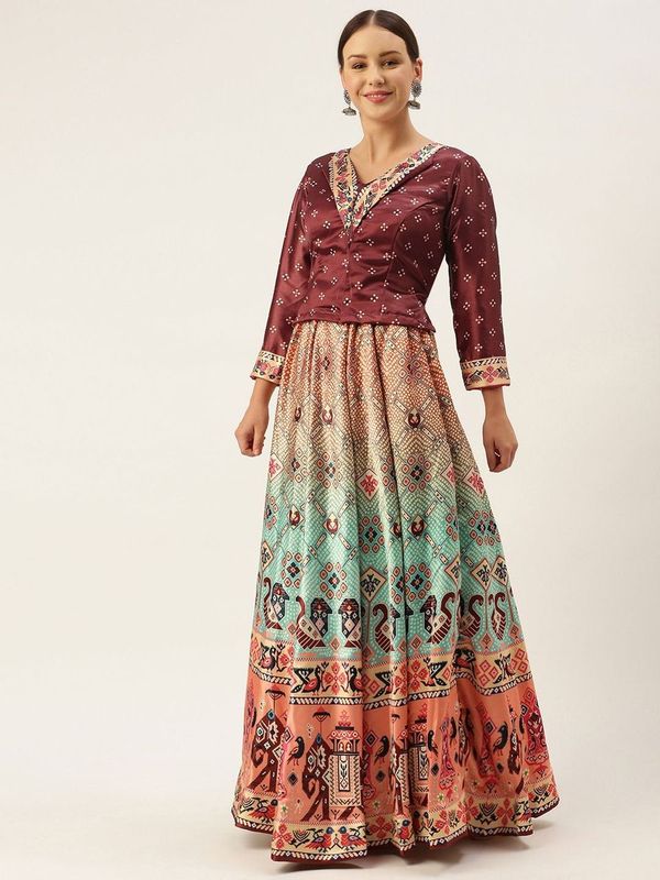 Ethnic Motifs Digital Print Shiney Satin Croptop Lehenga Choli With Blouse For Women and Girls