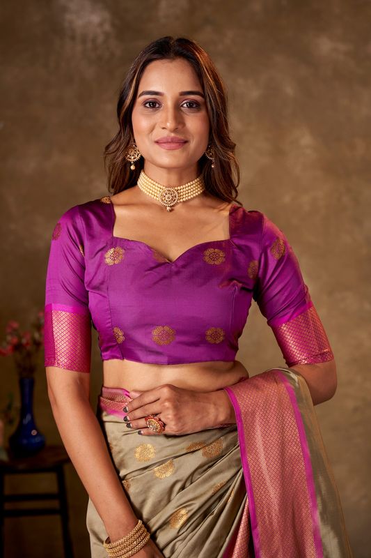 Beige Cotton Striped Saree and Stitched Purple Blouse