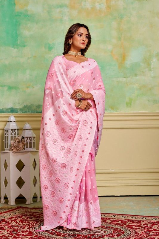 Pink Cotton Woven Saree With Tassels on Pallu and Stitched Pink Blouse