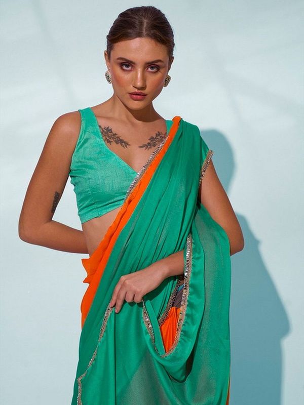 Glamorous Sea Green Color Georgette Fabric Trendy Designer Bollywood Saree