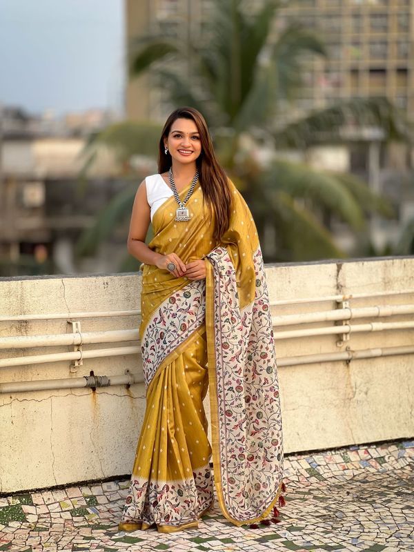 Mustard Designer Kalankari Floral Printed Katki Silk Saree