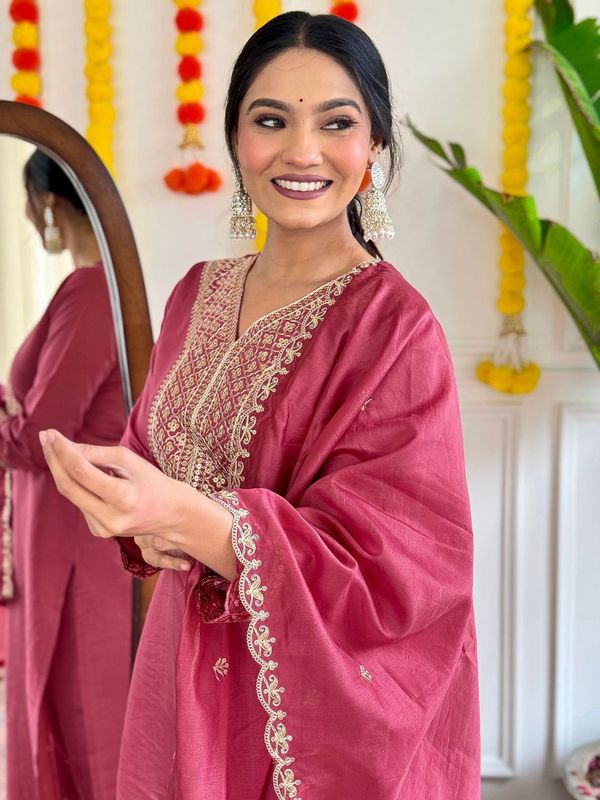 Beautiful Burgundy Color Viscose Chanderi Fabric Graceful Embroidered Readymade Suit