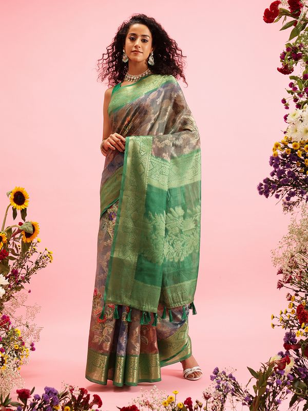 Green Digital Printed Banarasi Cotton Zari Woven Saree