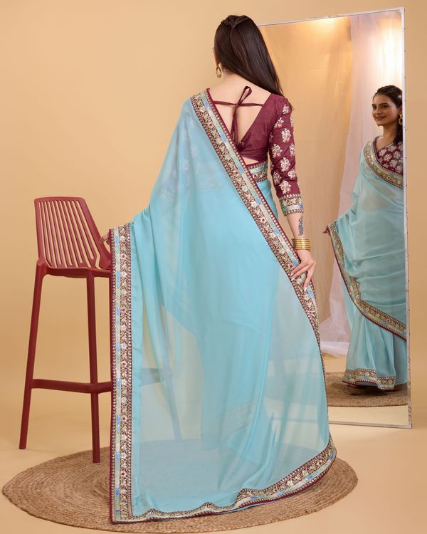Sky Blue Heavy Embroidery Work Lace & Blouse Organza Saree