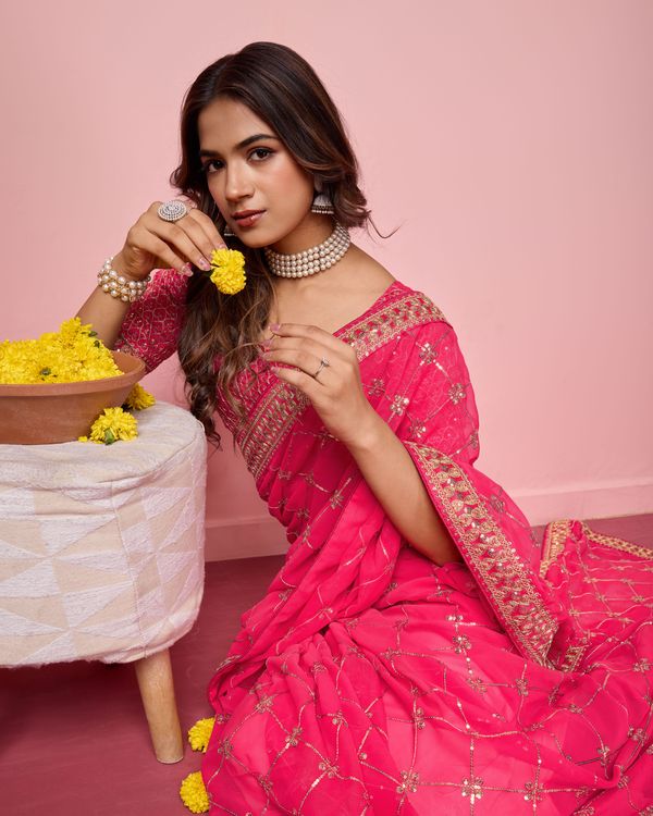Pink Designer Coding & Sequance Embroidery Work Georgette Saree