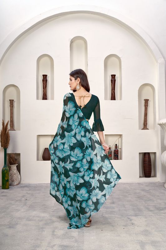 Teal Designer Printed Weight Less Saree