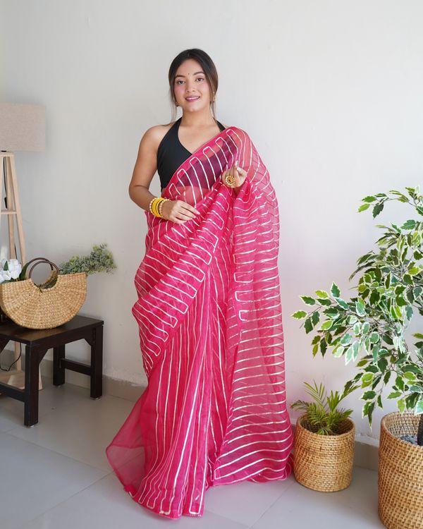 Pink Silver Gota Embroidery Work Organza Saree