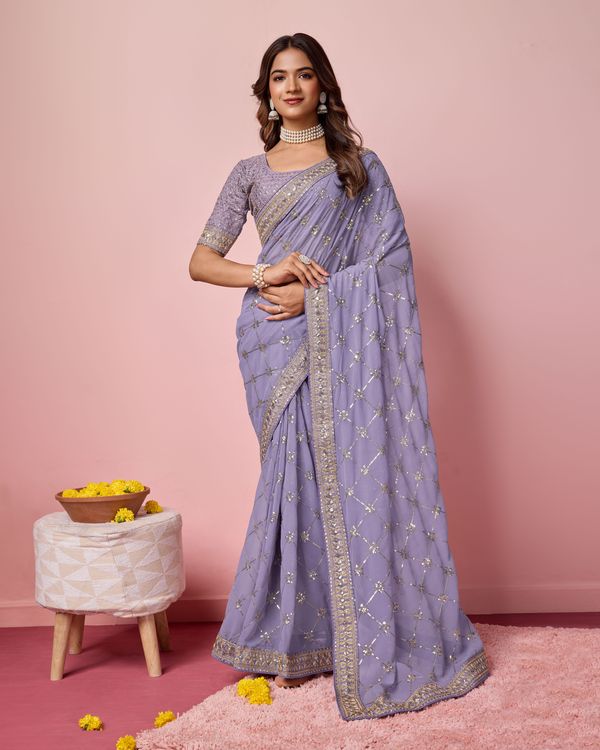 Purple Designer Coding & Sequance Embroidery Work Georgette Saree
