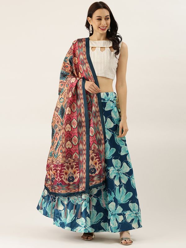 Digital Print Satin Silk Fabric Stitched Lehenga Choli With Jequared Blouse and Assami Silk Thread Work Dupatta For Women and Girls In Festive Party And Traditional Wear