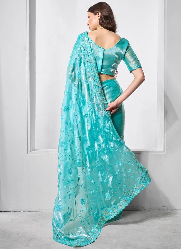 Blue Color Burburry Fabric Bollywood Style Designer Embroidery Work Evening Party Saree