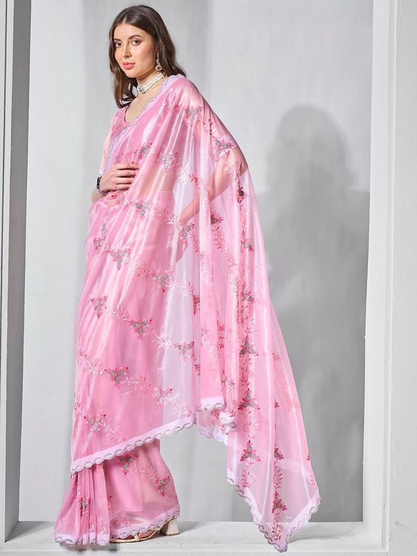 Pink Color Gold Tissue Net Fabric Designer Embroidery Work Ceremonial Partywear Saree