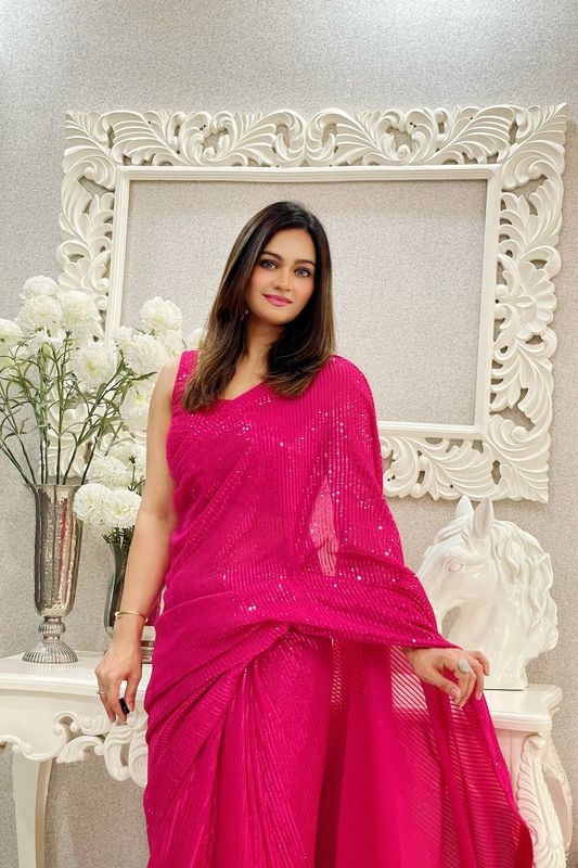 Pink Georgette Heavy Sequance Embroidery Work Bollywood Party Style Celebrity Style Girlie Fancy Saree