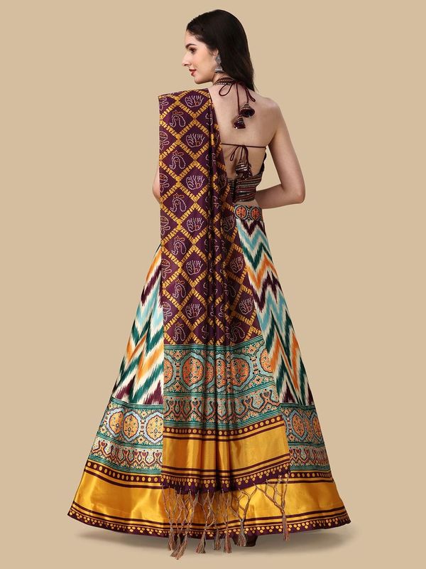 Digital Print Satin Silk Fabric Stitched Lehenga Choli With Jequared Blouse and Assami Silk Thread Work Dupatta For Women and Girls In Festive Party And Traditional Wear