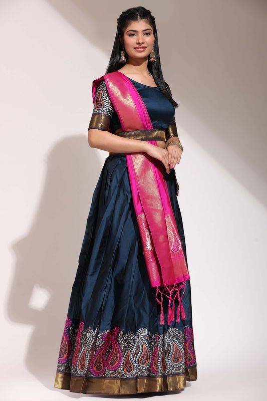Navy Lichi Silk Jacquard Work Lehenga
