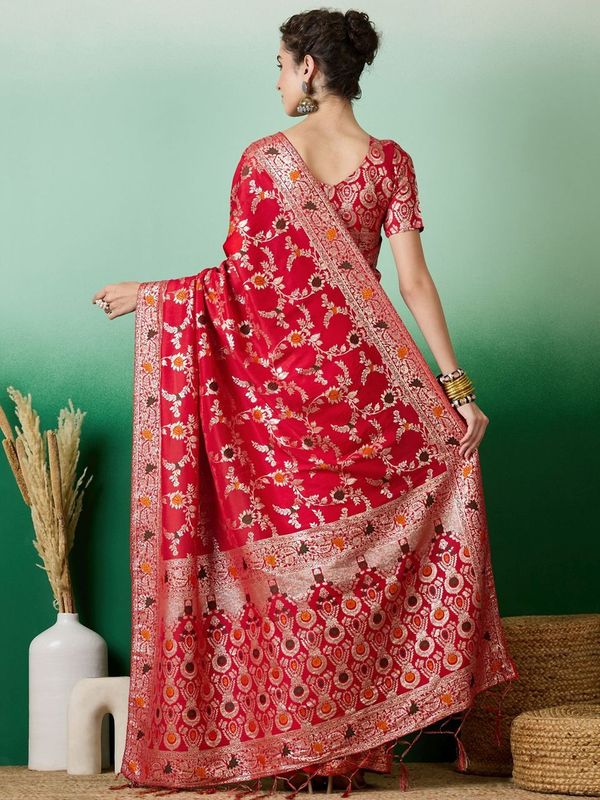 Red Wevon Meenakari Designer Staple Dola Cotton Saree