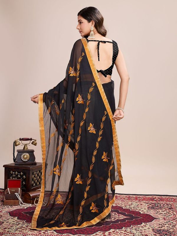 Black Designer Embroidery Work Georgette Saree