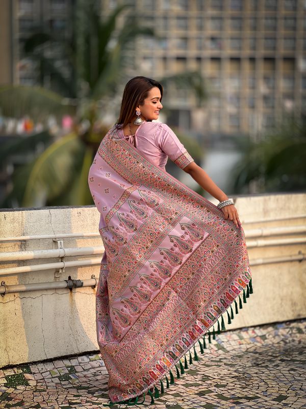 Pink Wevon Kashmiri Meenakari Designer Pashmina Silk Saree