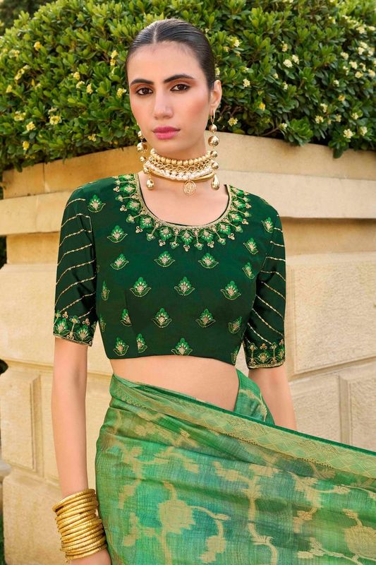 Green Wevon Designer & Embroidery Work Jacquard Silk Saree