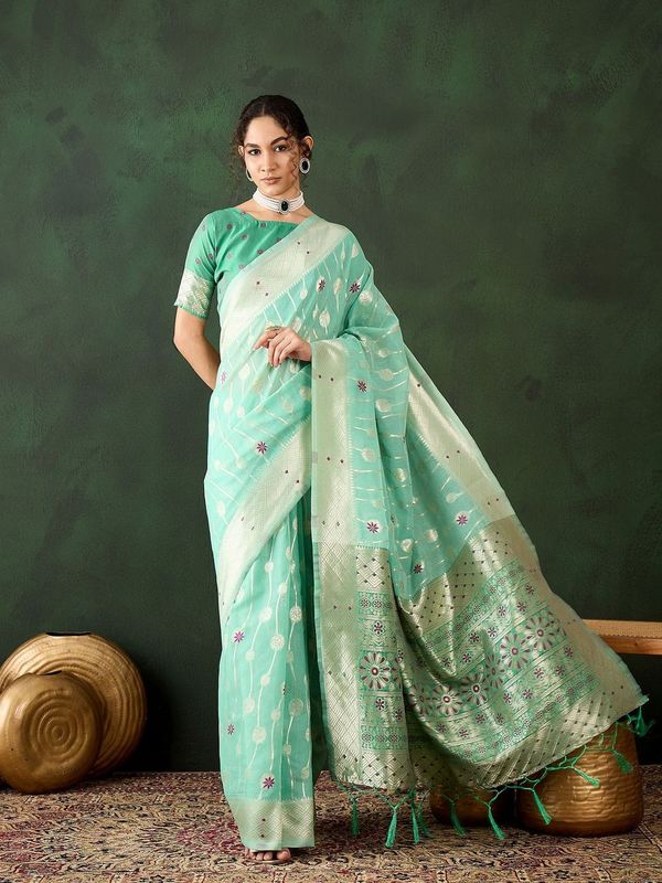 Sea Green Poly Cotton Wevon Designer Graceful Ethnic Partywear Saree