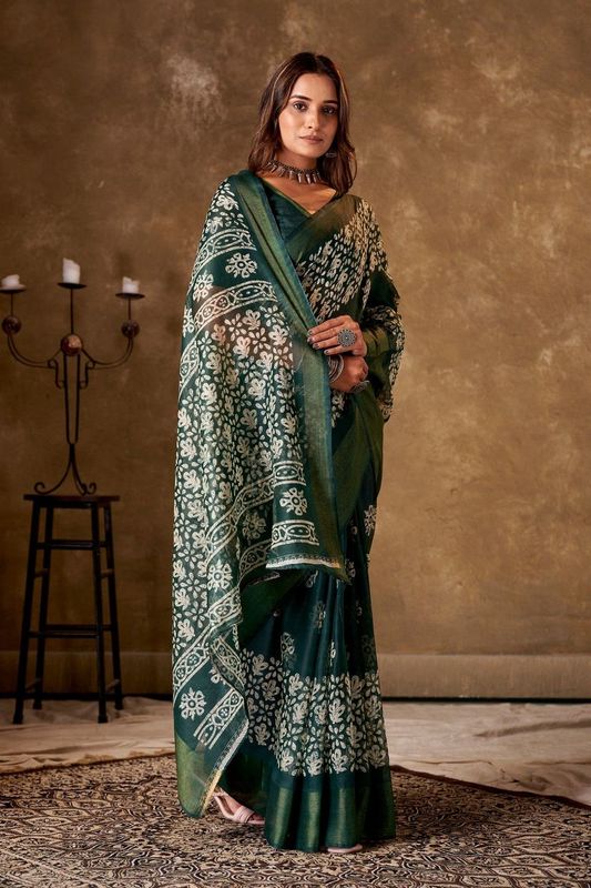 Dark Green Cotton Printed Saree and Stitched Dark Green Blouse