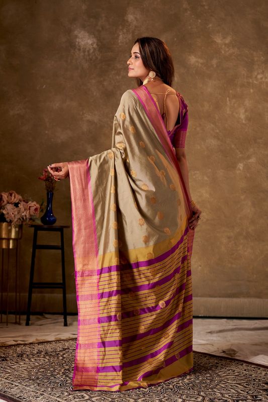 Beige Cotton Striped Saree and Stitched Purple Blouse