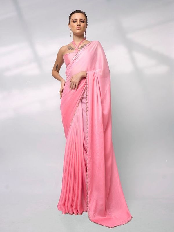 Pink Solid Designer Rangoli Saree