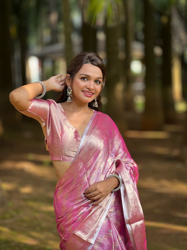 Pink Color Tissue Silk Saree With Weaving Jari Meenakari Designer Looks