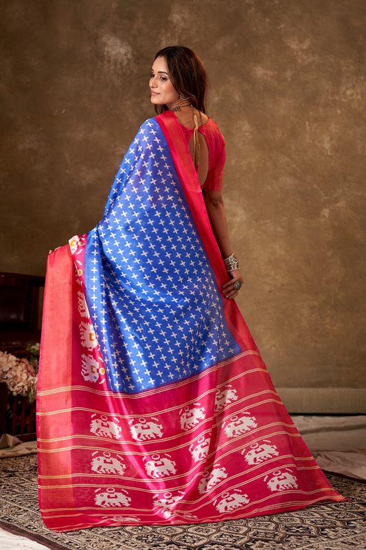 Blue Cotton Printed Saree and Stitched Pink Blouse