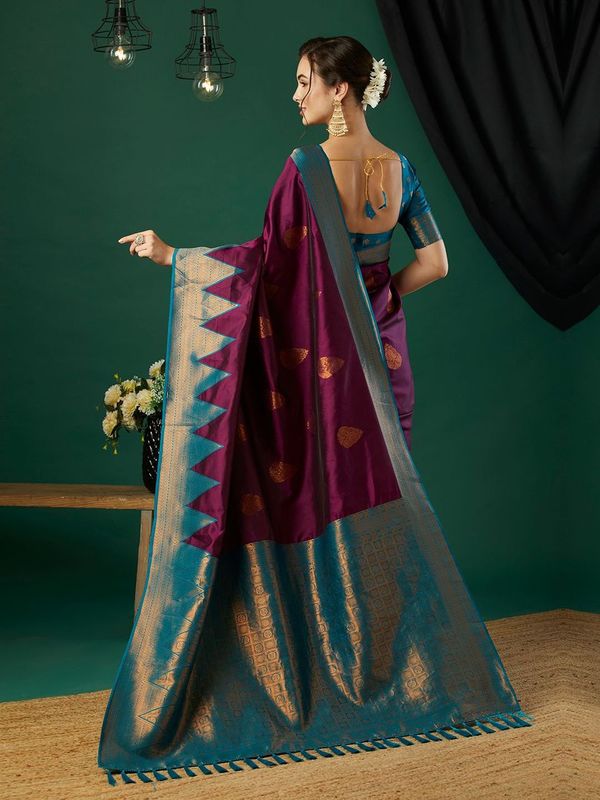 Wine Wevon Jari Designer Banarasi Silk Saree