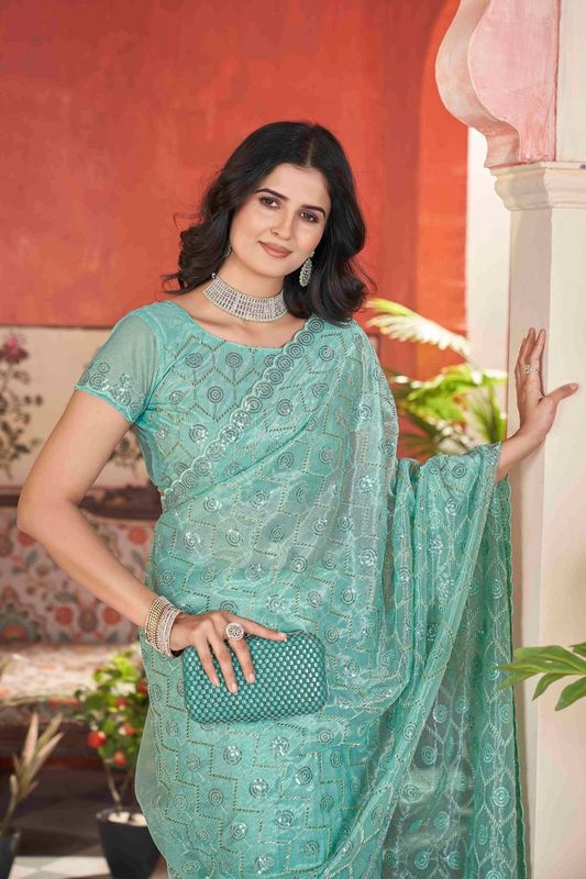 Sea Green Sequance & Thread & Pite Embroidery Work Tissue Net Saree