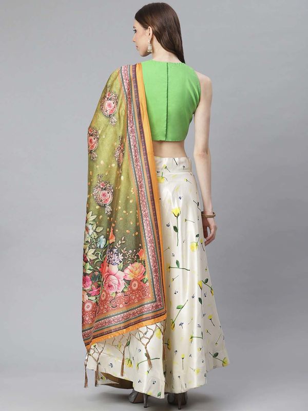 Digital Print Satin Silk Fabric Stitched Lehenga Choli With Jequared Blouse and Assami Silk Thread Work Dupatta For Women and Girls In Festive Party And Traditional Wear
