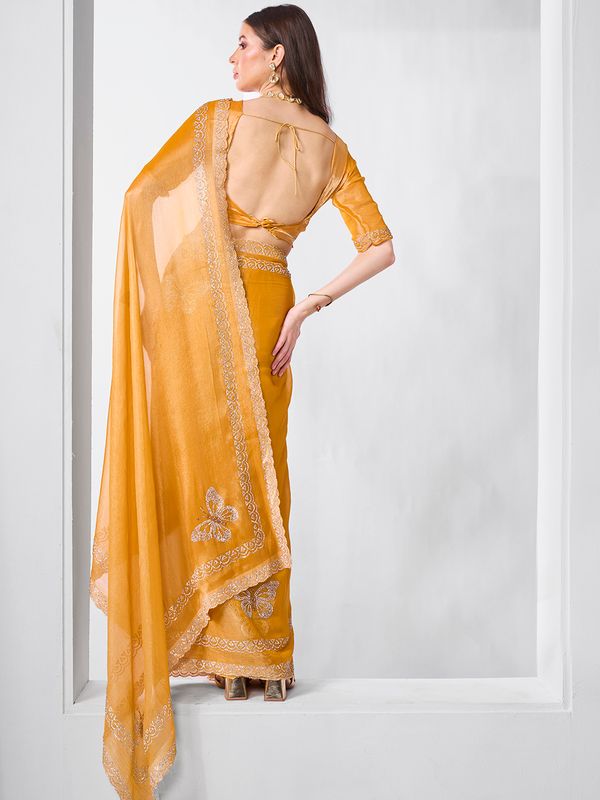 Yellow Color Burburry Fabric Bollywood Style Swarovski Designer Work Evening Party Saree