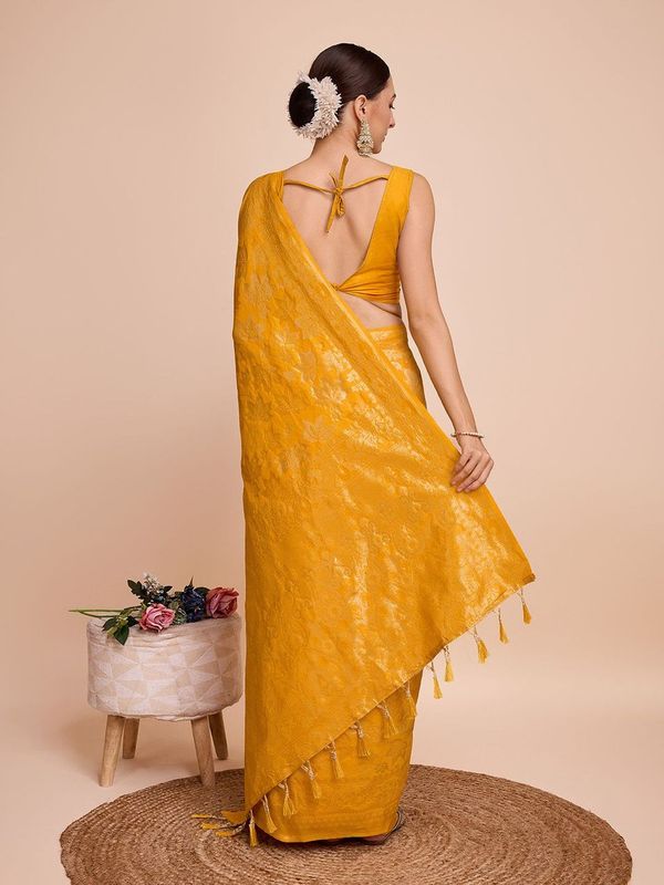 Mustard Weaving Copper Jari Designer Handloom Silk Saree