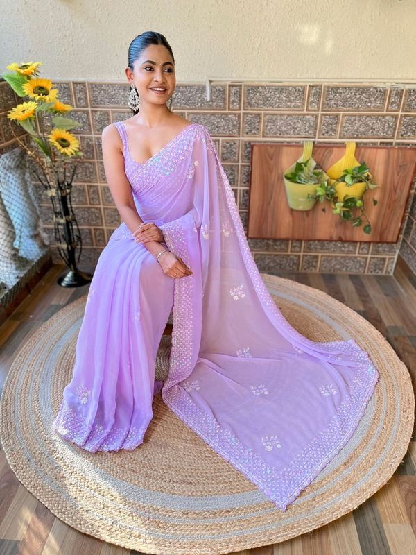 Lavender Color Georgette Fabric Beautiful Sequins Embroidery Cut Work Girlie Saree
