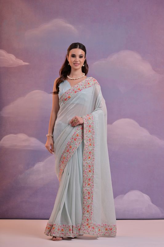 Sky Blue Designer Sequance Embroidery Work Georgette Saree