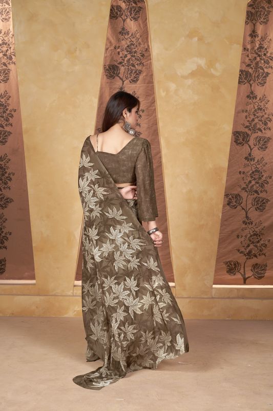 Brown Designer Printed Weight Less Saree