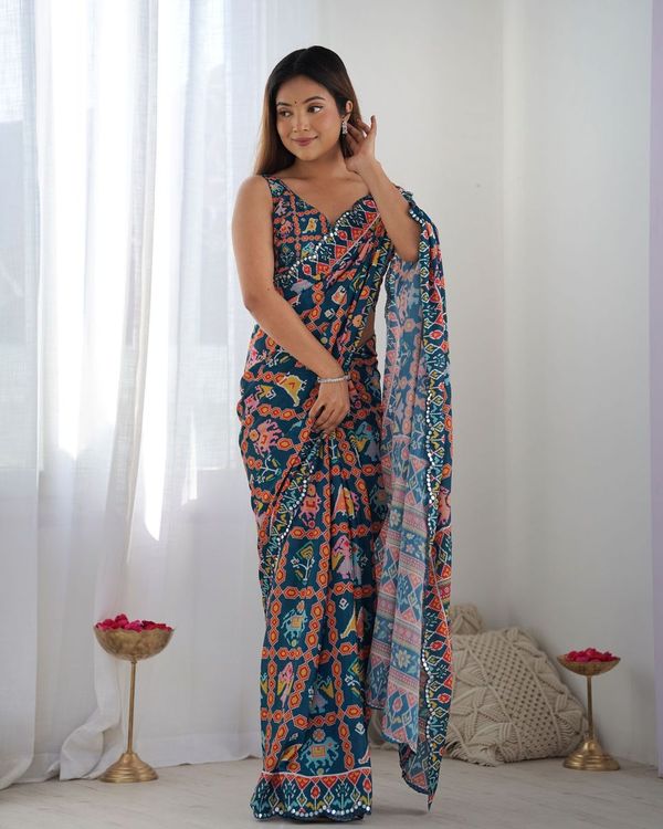 Nevy Blue Designer Digital Printed & Mirror Cut Work Chinon Saree