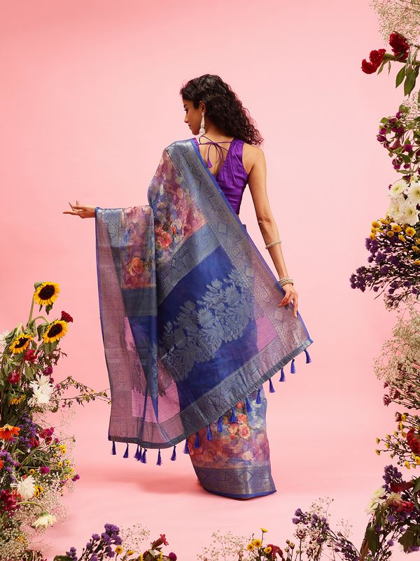 Blue Digital Printed Banarasi Cotton Zari Woven Saree