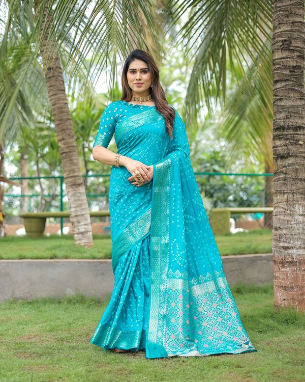 Firozi Wevon Designer & Hand Bandhej Dola Silk Saree