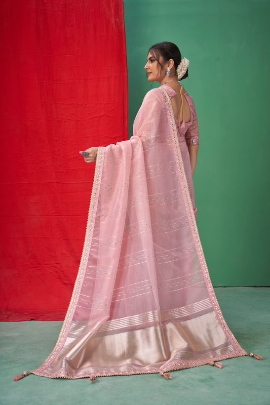 Pink Wevon Lining Designer & Coding & Sequance & Gota Patti Embroidery Work Organza Saree