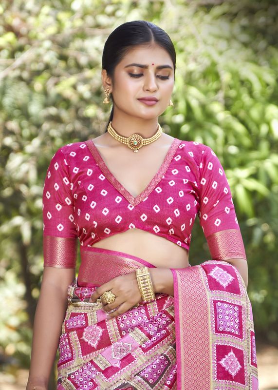 Pink Wevon Border Designer With Printed Kalamkari Silk Saree