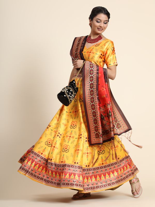 Digital Print Satin Silk Fabric Stitched Lehenga Choli With Jequared Blouse and Assami Silk Thread Work Dupatta For Women and Girls In Festive Party And Traditional Wear