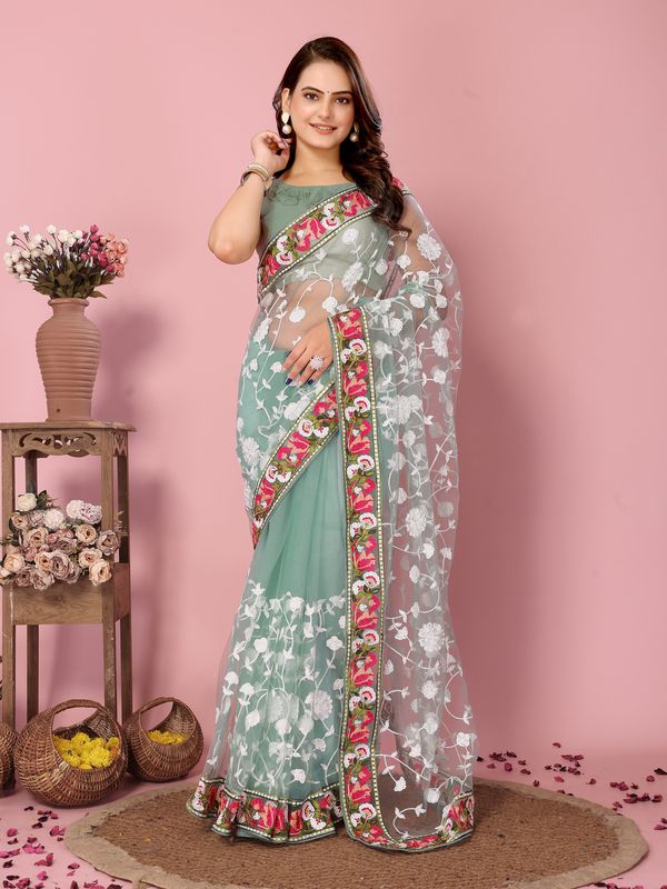 Grey Multy Thread Embroidery Work Soft Net Saree