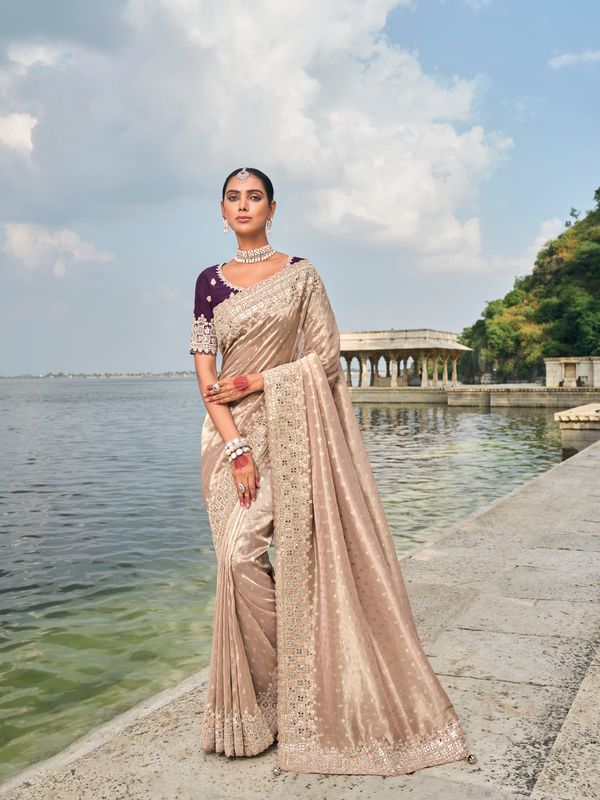 Peach Heavy Designer Jarkan & Mirror & Moti Work Kanjivaram Silk Saree