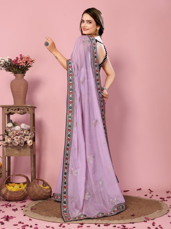 Purple Coding & Sequance Embroidery Work & Printed Organza Saree