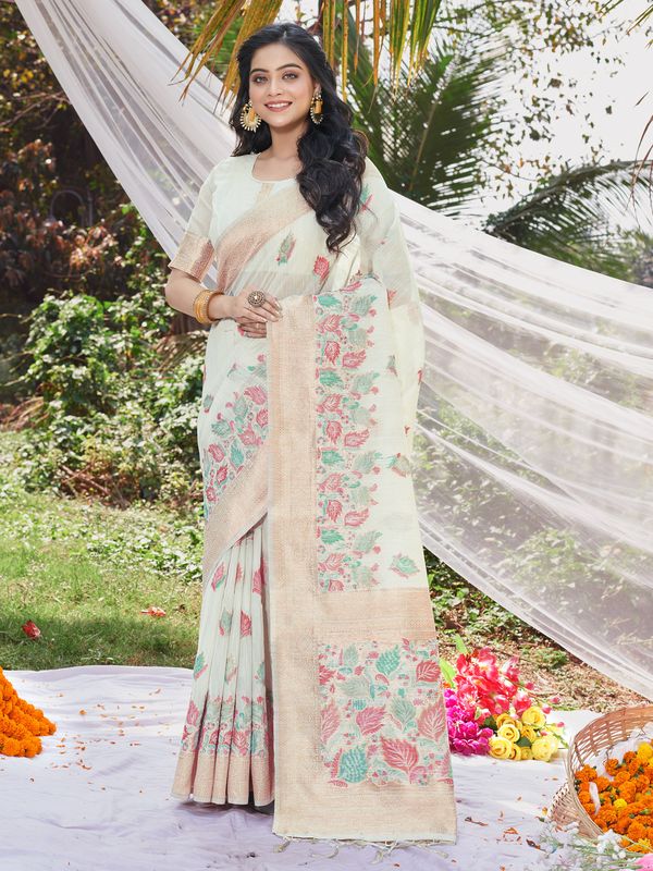 White Wevon Designer & Digital Printed Cotton Saree