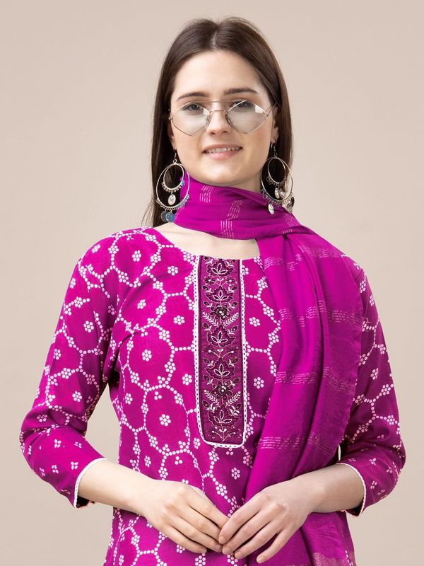 Pink Color Rayon Fabric Designer Printed Readymade Suits With Smart Embroidery Work